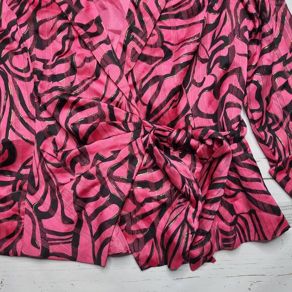 Alex Evenings Fuchsia Pink Black Metallic Print Blouse 3/4 Sleeve Wrap Top Small - Picture 7 of 10